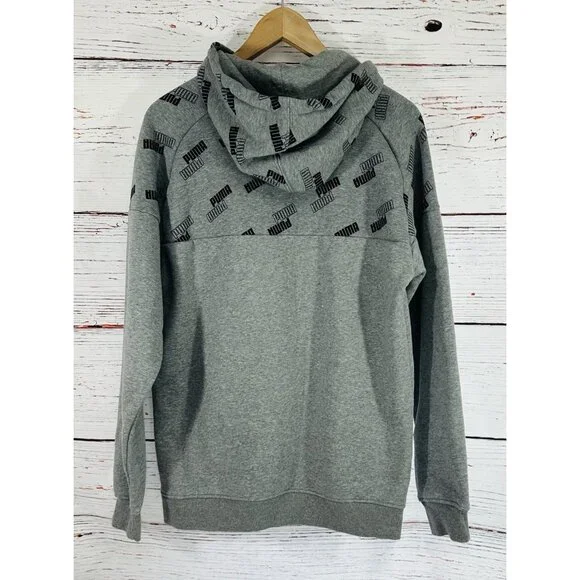 Puma Hoodie Hooded Sweatshirt Mens Medium Gray Kangaroo Pocket Heavy Warm Logo - Picture 3 of 10